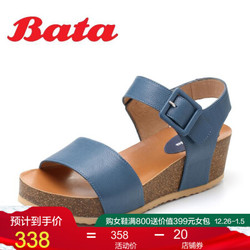 Bata/拔佳2018专柜同款简约休闲坡跟胎牛皮革女凉鞋AES03BL8 蓝色 39