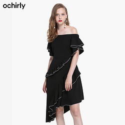 ochirly欧时力春装一字肩荷叶边不规则仙女裙连衣裙女1GY1083800