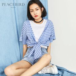 格子拼接上衣女假两件2018夏装新款短款短袖套头衫宽松太平鸟