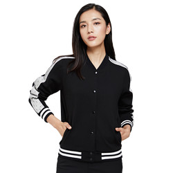 女式蕾丝拼接袖短款针织棒球外套