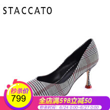 STACCATO/思加图2018年春季黑白格纹布面浅口中跟女单鞋S5501 黑白 36