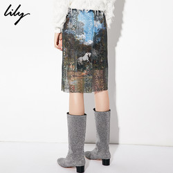 Lily 6913 女装商务复古趣味蕾丝双层印花中长裙半身裙