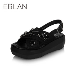 千百度集团 伊伴2018新款牛皮革/织物水钻松糕底凉鞋B8370301WX8