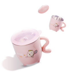 小豆苗（LITTLE BEAN）儿童不锈钢水杯餐具 婴儿喝水杯子带盖 宝宝学饮杯口杯萌趣水杯甜心粉