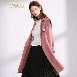 betu百图新款双排扣宽松风衣中长款喇叭袖外套女1801T42 粘土红 L