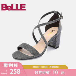 促百丽凉鞋商场同款粗高跟一字带女鞋BPFE6BL8