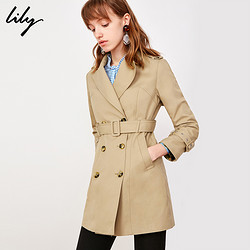 Lily2019春新款女装经典浅卡其双排扣系带收腰中长款风衣1902