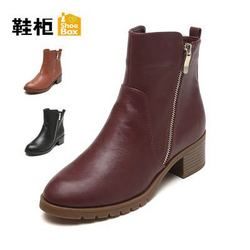 达芙妮 集团 鞋柜秋冬款加绒欧美圆头短筒低跟侧拉链女靴