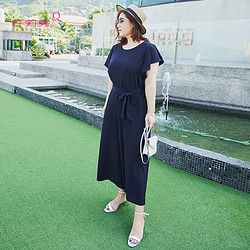 纤莉秀2019夏新款大码女装开叉性感纯色系带胖仙女连袖显瘦长裤子