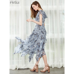Artka阿卡2019春新品重工蓝底印花荷叶边长款连衣裙女LA15284X