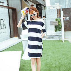 唐狮夏装新品女短袖条纹休闲连衣裙