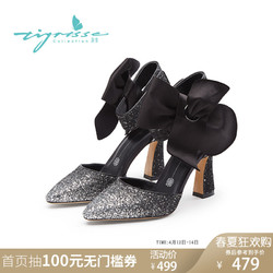 TS蹀愫春季蝴蝶结粗高跟中空单鞋凉鞋女TA98196-81