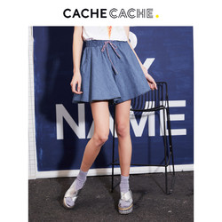 CacheCache蓝色高腰阔腿裤女春新款韩版潮宽松chic气质淑女短裤夏
