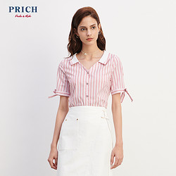 PRICH夏季女士优雅条纹短袖衬衣通勤时尚衬衫PRYW82402C