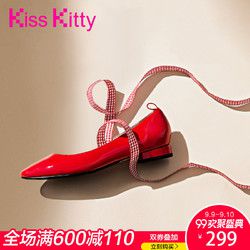 KissKitty 2018秋新品玛丽珍鞋漆皮飘带一字扣圆头低跟浅口单鞋女z