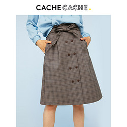 CacheCache春夏新款a字半身裙中长款法式复古腰带奶茶格子裙过膝
