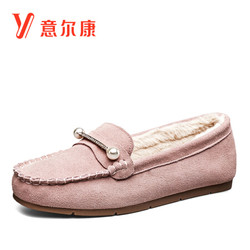 意尔康女士时尚反绒甜美百搭舒适平跟保暖加绒豆豆鞋女 8572ZK49206W 粉红 38 *2件