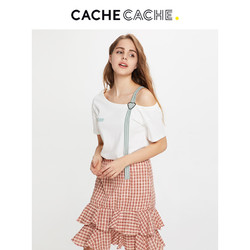 cachecache短袖T恤女早春新款减龄小清新性感吊带露肩上衣韩版潮