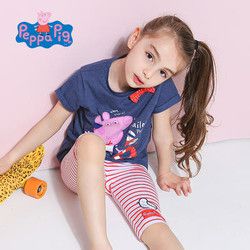 小猪佩奇正版童装女童夏装全棉短袖T恤 短裤套装海军风条纹纯棉两件套