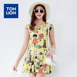 唐狮（TonLion）女修身版圆领短袖连衣裙