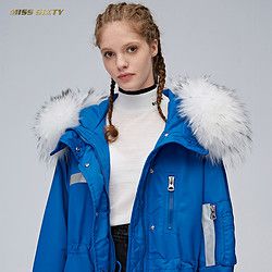 Miss Sixty2018新款冬季连帽毛领印花中长款夹棉外套棉服女