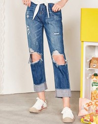 森马 夏韩版bf风直筒撞色显瘦破洞翻边毛边女士牛仔裤