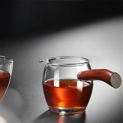 茶具 实木侧把锤目纹玻璃公道杯防烫公杯茶海分茶器匀杯 加厚腰鼓形