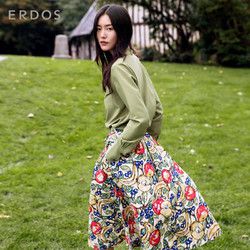 ERDOS 春夏刘雯同款丝棉前开襟古巴之夏水果印花A字裙过膝半身裙