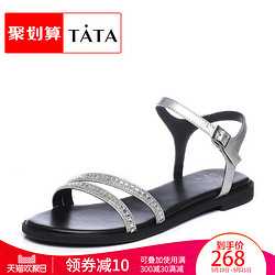 Tata/他她2018夏拼接一字带休闲方跟女凉鞋S2A15BL8