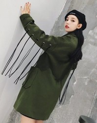 EPTISON 衣品天成 冬季新款韩版女装时尚潮流女式字母织带流苏装饰毛呢女式大衣