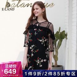 ELAND夏季新款淑女原宿风系带蕾丝碎花中长款连衣裙女EEOW82508D