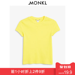 MONKI休闲圆领修身弹力短袖纯色打底衫罗纹T恤女 0499605
