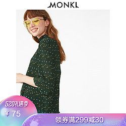 MONKI衬衣 复古薄款无弹深绿色半高领花边雪纺波点衬衫女 0625742