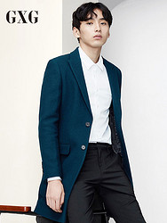GXG大衣冬季男装修身休闲单排扣孔雀蓝藏青色中长款羊毛毛呢大衣