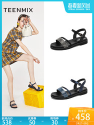 天美意一字带凉鞋女水钻休闲单鞋2019夏新款CFJ06BL9