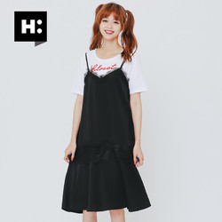 H:CONNECT2018夏季新款两件套花边吊带连衣裙+短袖字母T恤女