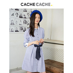 CacheCache 翻领条纹收腰显瘦系带蝴蝶结长袖衬衫连衣裙