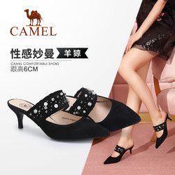 骆驼女鞋 2018春季新款鞋 水钻高跟拖鞋时尚珠饰黑色尖头细跟鞋女