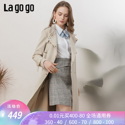 Lagogo2019春季新款双排扣中长款驼色外套 百搭风衣女IAFF331C53