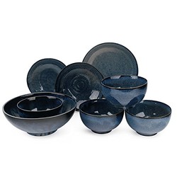 MinoYaki 美浓烧 天目釉陶瓷碗盘 孔雀蓝釉大碗味碟 8件套