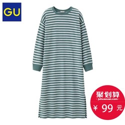 GU女装2019春季新款条纹华夫格下摆开衩连衣裙女中长裙315511极优