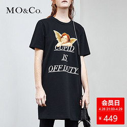 MOCO纯棉露背裙子夏季女新款休闲短袖直筒裙连衣裙黑色修身