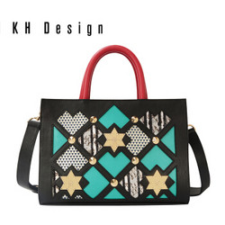 KH Design女包拼接通勤包真皮手提包时尚手挽包大包牛皮新款凯莉包 黑绿色K1777-01-BL/GN