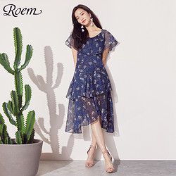 Roem2018新款时尚中长款印花连衣裙时髦修身系带淑女裙RCOW82401C