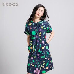 ERDOS 春夏花草芭蕾系列印花圆领宽松纯棉前襟绑带短袖中长连衣裙