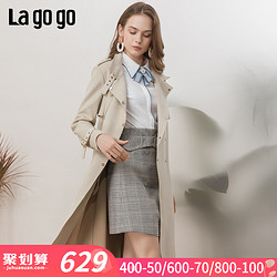 Lagogo2019春季新款双排扣中长款驼色外套 百搭风衣女IAFF331C53