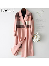 兰奥2019春季新款海宁双面羊毛大衣女长款格子拼色韩版毛呢外套