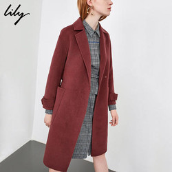 Lily 118359F1E23 春秋新款女装系带收腰口袋双面呢外套毛呢大衣