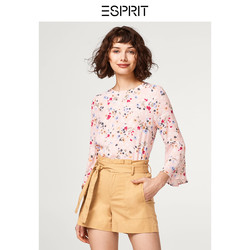 ESPRIT EDC女夏复古文艺条纹印花荷叶边七分袖衬衫-038CC1F026