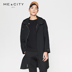 MECITY男装春季黑色羊毛连帽中长款风衣外套男韩版潮流